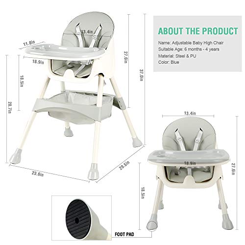 Trona para bebé, con cinturones de seguridad de 5 puntos, bandeja extraíble, trona ajustable en altura, Silla de comedor fácil de montar para niños y niñas (Azur)