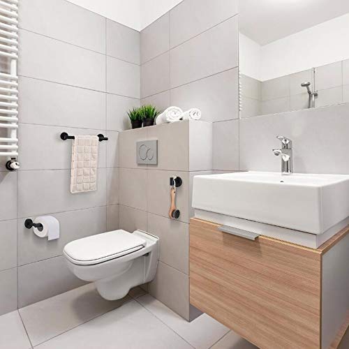 TRUSTLIFE Juego de Accesorios de Baño de Aluminio Toallero Soporte de Papel Higiénico Gancho para Albornoz Montaje en Pared Diseño Moderno Acabado Negro Mate 3 Piezas