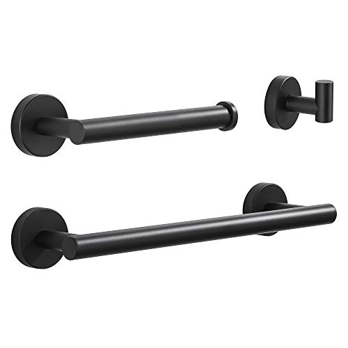 TRUSTLIFE Juego de Accesorios de Baño de Aluminio Toallero Soporte de Papel Higiénico Gancho para Albornoz Montaje en Pared Diseño Moderno Acabado Negro Mate 3 Piezas