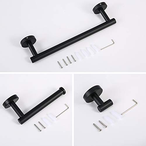 TRUSTLIFE Juego de Accesorios de Baño de Aluminio Toallero Soporte de Papel Higiénico Gancho para Albornoz Montaje en Pared Diseño Moderno Acabado Negro Mate 3 Piezas