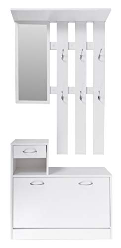 ts-ideen Juego de Perchero Espejo y Zapatero con Cajon en Apariencia de Madera Blanco