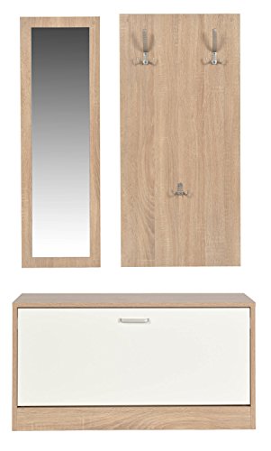 ts-ideen Juego de Tres Perchero Espejo de Pared y zaparero en Roble Claro