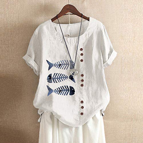 TUDUZ Blusas Mujer Manga Corta Verano Lino Camisas O-Cuello Botón Tops Tamaño S-5XL (Blanco.q, XXL)