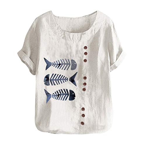 TUDUZ Blusas Mujer Manga Corta Verano Lino Camisas O-Cuello Botón Tops Tamaño S-5XL (Blanco.q, XXL)