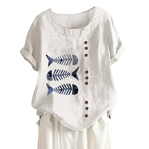 TUDUZ Blusas Mujer Manga Corta Verano Lino Camisas O-Cuello Botón Tops Tamaño S-5XL (Blanco.q, XXL)