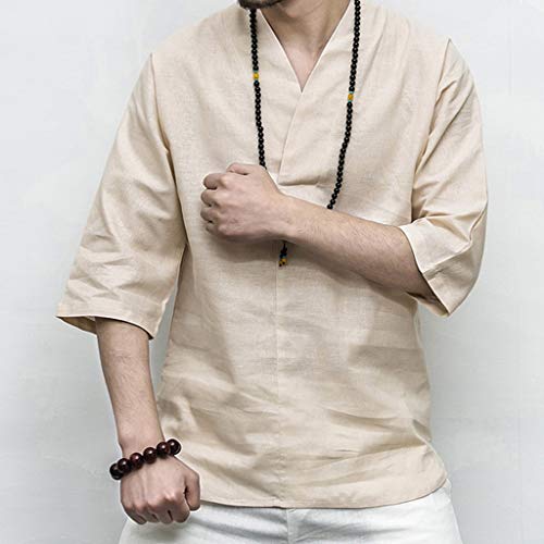 TUDUZ Camisa Casual de Algodón y Lino de Color Liso Ropa con Cuello en V Cosido Manga Siete Cuartos Camisetas Hombre Manga Corta