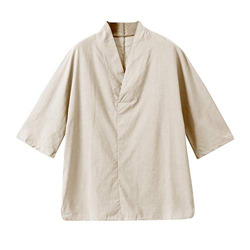 TUDUZ Camisa Casual de Algodón y Lino de Color Liso Ropa con Cuello en V Cosido Manga Siete Cuartos Camisetas Hombre Manga Corta