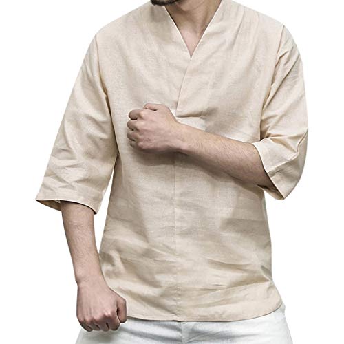 TUDUZ Camisa Casual de Algodón y Lino de Color Liso Ropa con Cuello en V Cosido Manga Siete Cuartos Camisetas Hombre Manga Corta