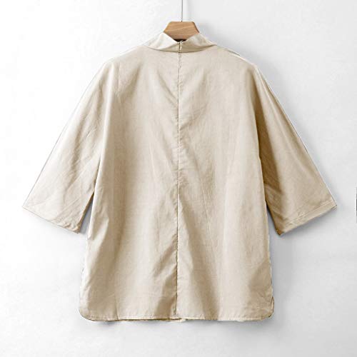 TUDUZ Camisa Casual de Algodón y Lino de Color Liso Ropa con Cuello en V Cosido Manga Siete Cuartos Camisetas Hombre Manga Corta