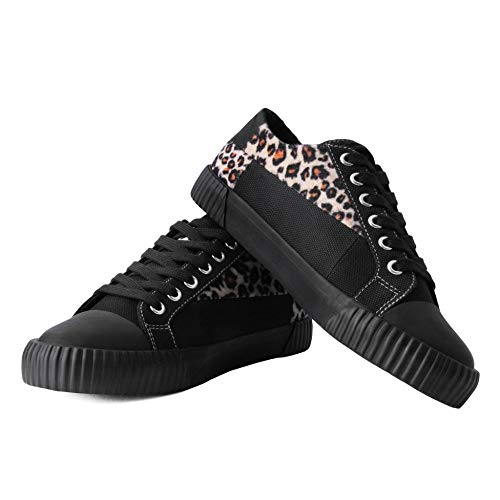 T.U.K. Shoes Lona Negra & Leopardo Vegano Piel Parche Goma Zapatilla De Goma 43 EU