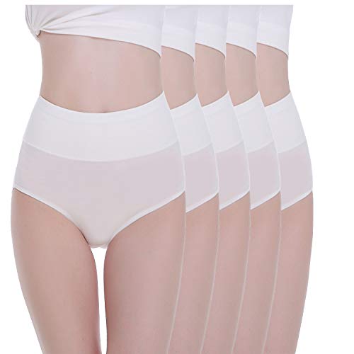 Tuuhaw Bragas para mujer, paquete de 5, braguitas, braga-faja, algodón, talle alto, transpirable Blanco L