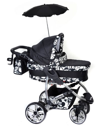 Twing - Sistema de viaje 3 en 1, silla de paseo, carrito con capazo y silla de coche, RUEDAS GIRATORIAS y accesorios (Sistema de viaje 3 en 1, negro, flores blancas)