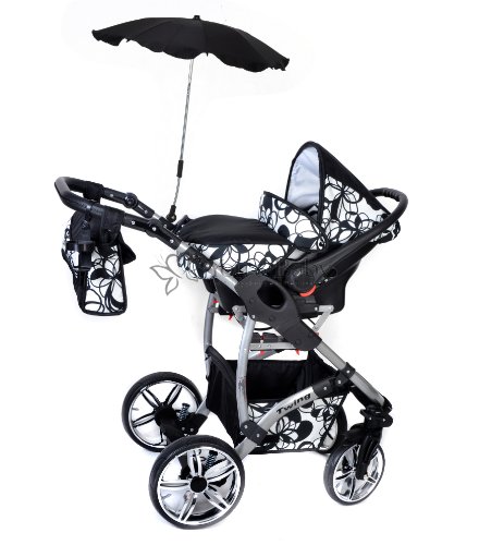 Twing - Sistema de viaje 3 en 1, silla de paseo, carrito con capazo y silla de coche, RUEDAS GIRATORIAS y accesorios (Sistema de viaje 3 en 1, negro, flores blancas)