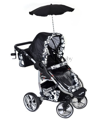 Twing - Sistema de viaje 3 en 1, silla de paseo, carrito con capazo y silla de coche, RUEDAS GIRATORIAS y accesorios (Sistema de viaje 3 en 1, negro, flores blancas)