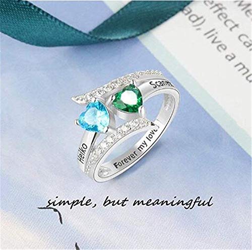 TWinkle Anillo de Compromiso Personalizado 2 Piedras natales simuladas con Birthstone 2 Nombres y 1 Grabado Regalo para Anillo de Aniversario(Plata-19)