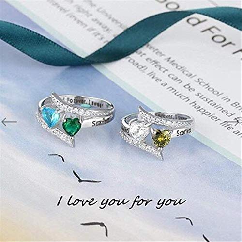 TWinkle Anillo de Compromiso Personalizado 2 Piedras natales simuladas con Birthstone 2 Nombres y 1 Grabado Regalo para Anillo de Aniversario(Plata-19)