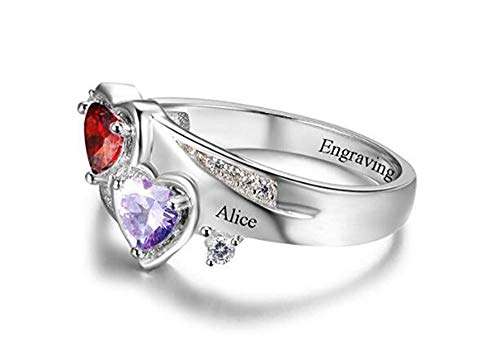 TWinkle Anillo de Compromiso Personalizado 2 Piedras natales simuladas con Birthstone 2 Nombres y 1 Grabado Regalo para Anillo de Aniversario(Plata-19)