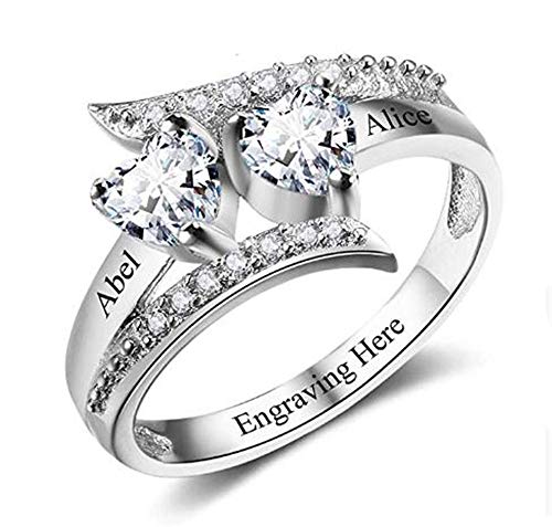 TWinkle Anillo de Compromiso Personalizado 2 Piedras natales simuladas con Birthstone 2 Nombres y 1 Grabado Regalo para Anillo de Aniversario(Plata-19)