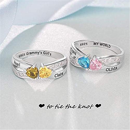 TWinkle Anillo de Compromiso Personalizado 2 Piedras natales simuladas con Birthstone 2 Nombres y 1 Grabado Regalo para Anillo de Aniversario(Plata-19)