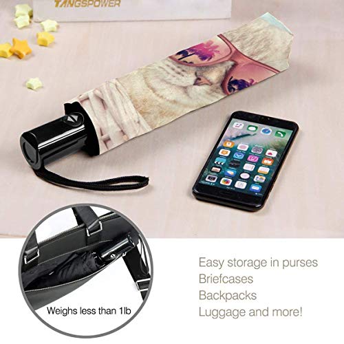 TYHG Paraguas automático Tri-Fold 3d impreso lindo gato con gafas de sol impermeable lluvia paraguas interior impresión para uso diario
