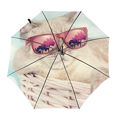 TYHG Paraguas automático Tri-Fold 3d impreso lindo gato con gafas de sol impermeable lluvia paraguas interior impresión para uso diario