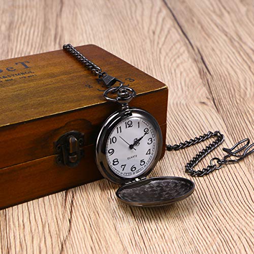 UEETEK Reloj de bolsillo moderno de caso arábigos blancos de Pixnor los hombres negro liso de acero inoxidable con caja de regalo