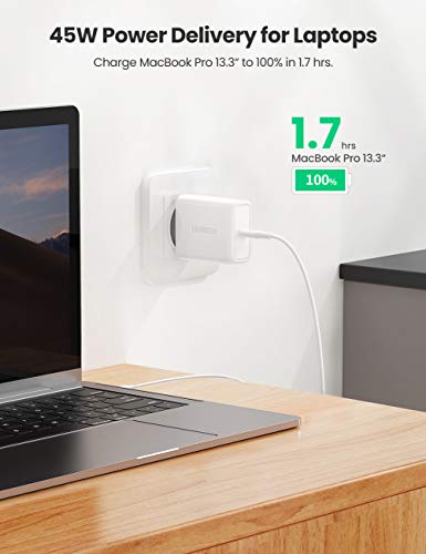 UGREEN 45W Cargador USB C, Cargador Power Delivery 3.0 Cargador Carga Rápida para Samsung S20 Ultra S10 Note 20 Note 10 Xiaomi Mi 9 Redmi 9 iPhone 11 X Huawei P20 iPad Pro 2020 Macbook Pro 13" Air 13"