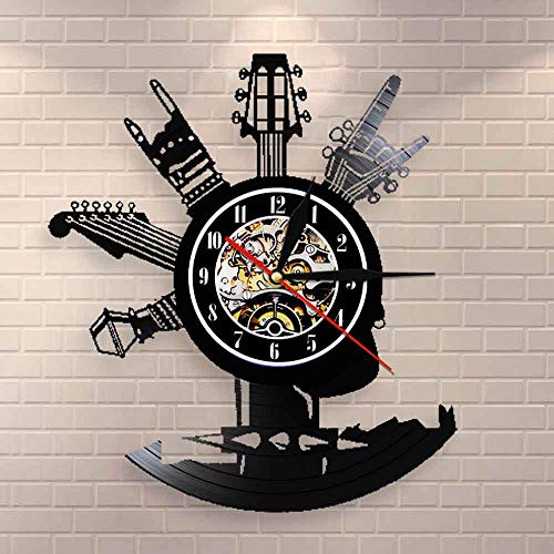 UIOLK Guitarra Disco de Vinilo Reloj de Pared Instrumento Musical Regalo para los fanáticos de la música Rock Reloj de decoración de diseño de Arte en el hogar