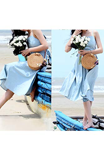 Ulisty Redondo Bolso de la Cesta de ratán Bolso de Paja de círculo Bolso Hecho a Mano Bolso de la Armadura Bolso Tejido a Mano Bolsa de Hombro Bolso Crossbody para Mujeres/niñas marrón