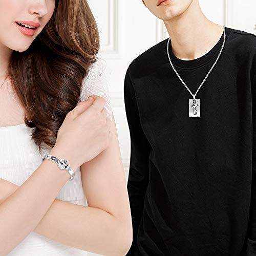 Uloveido chapado en oro rosa Titanio rompecabezas a juego Pareja corazón pulsera y collar colgante clave para hombres y mujeres, collar pulsera a juego Conjunto de joyas para novios SN300 (plata)