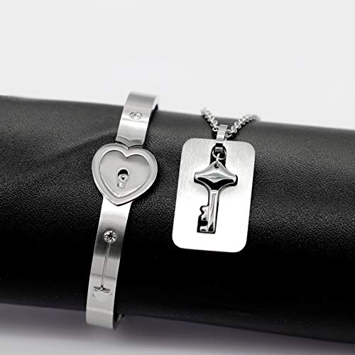 Uloveido chapado en oro rosa Titanio rompecabezas a juego Pareja corazón pulsera y collar colgante clave para hombres y mujeres, collar pulsera a juego Conjunto de joyas para novios SN300 (plata)