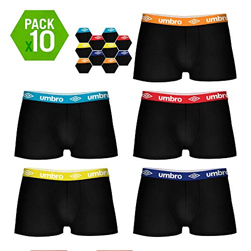 UMBRO PK1579-L Set Boxer Negros con cintura-multicolor-100% algodón, Pack De 10 Pk1579, L para Hombre
