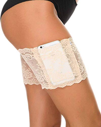 UMIPUBO - Banda para muslo, antifricción, elástica, de silicona, para mujer, media de encaje con bolsillo para teléfono móvil Beige Beige (1 Paire)