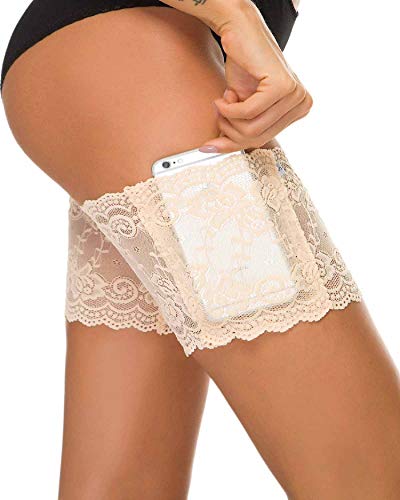 UMIPUBO - Banda para muslo, antifricción, elástica, de silicona, para mujer, media de encaje con bolsillo para teléfono móvil Beige Beige (1 Paire)