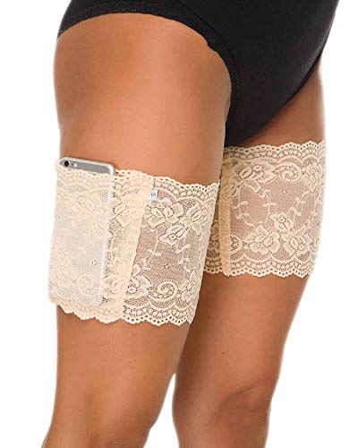 UMIPUBO - Banda para muslo, antifricción, elástica, de silicona, para mujer, media de encaje con bolsillo para teléfono móvil Beige Beige (1 Paire)