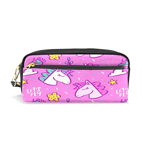 Unicornio Rosa Lápiz Pounch para Adolescentes Pen Case Bolsa de Maquillaje Cremallera Niño Niña Mujeres Escuela Escuela Escritura Suministro Cuero PU con Compartimentos