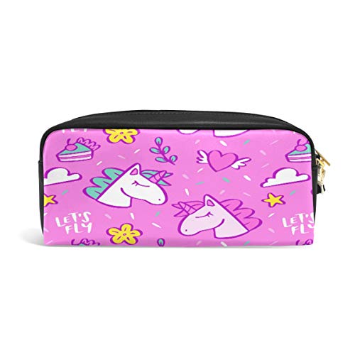 Unicornio Rosa Lápiz Pounch para Adolescentes Pen Case Bolsa de Maquillaje Cremallera Niño Niña Mujeres Escuela Escuela Escritura Suministro Cuero PU con Compartimentos