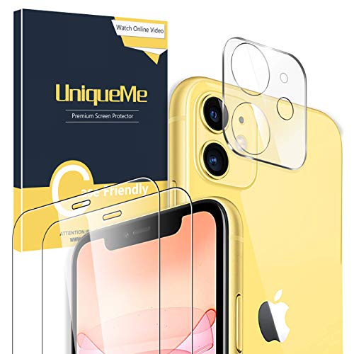 UniqueMe [2 Pack] Protector de Pantalla para iPhone 11 [6.1 inch] + [1 Pack] Protector de Lente de cámara para iPhone 11, Vidrio Templado [9H Dureza ] HD Film Cristal Templado