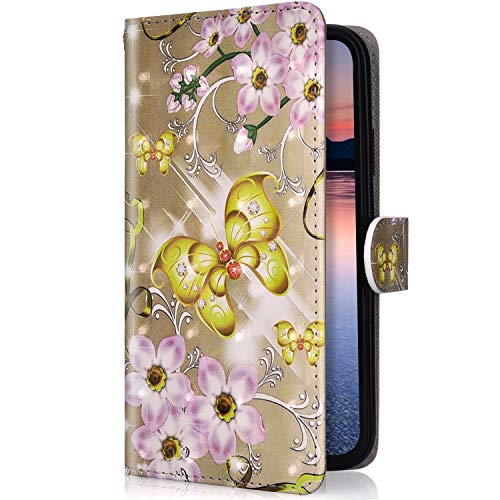 Uposao Compatible para Huawei Mate 20 Lite Funda Piel PU Cuero Libro Flip Cover con Tapa,Glitter Brillante Purpurina Cubierta Billetera Soporte Plegable Ranura Tarjeta,Cierre Magnético,Mariposa,Oro