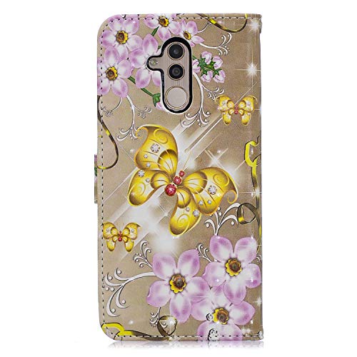 Uposao Compatible para Huawei Mate 20 Lite Funda Piel PU Cuero Libro Flip Cover con Tapa,Glitter Brillante Purpurina Cubierta Billetera Soporte Plegable Ranura Tarjeta,Cierre Magnético,Mariposa,Oro