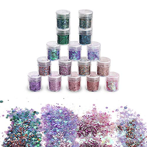 URAQT 16 Colores Purpurinas Polvo, Chunky Glitter Flakes Paillette Brillante Decoración para Cara Maquillaje Pelo Arte Corporal Uñas y Mejilla-A
