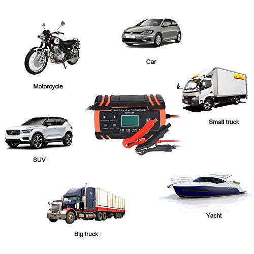 URAQT Cargador Baterias Coches, 8A 12V/24V Mantenimiento Automático e Inteligente Múltiples Protecciones LCD y Botón de la Pantalla Táctil para Automóvile, Motocicleta, ATVs, RVs, Powersports, Barco