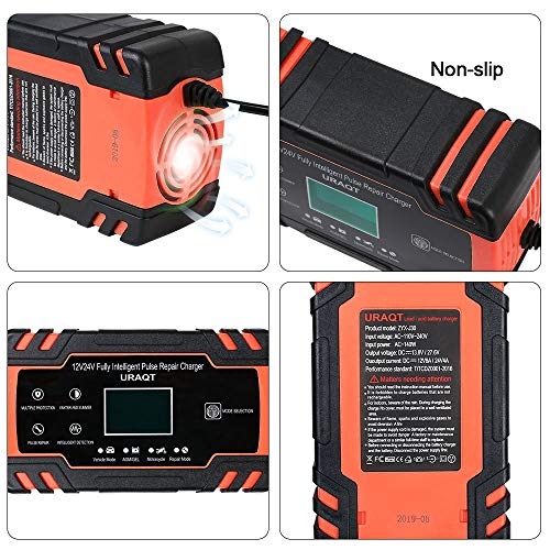 URAQT Cargador Baterias Coches, 8A 12V/24V Mantenimiento Automático e Inteligente Múltiples Protecciones LCD y Botón de la Pantalla Táctil para Automóvile, Motocicleta, ATVs, RVs, Powersports, Barco