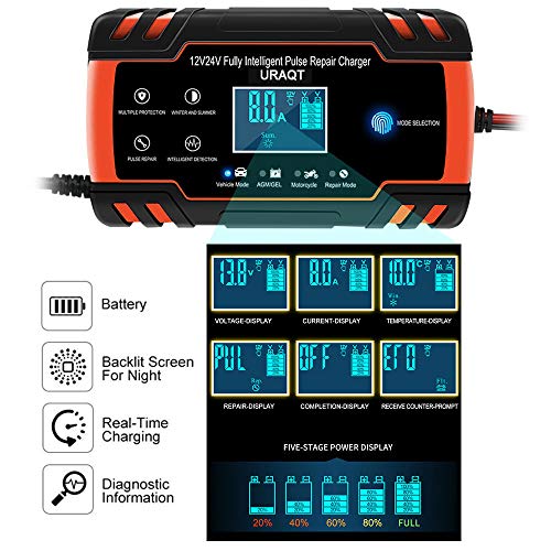 URAQT Cargador Baterias Coches, 8A 12V/24V Mantenimiento Automático e Inteligente Múltiples Protecciones LCD y Botón de la Pantalla Táctil para Automóvile, Motocicleta, ATVs, RVs, Powersports, Barco