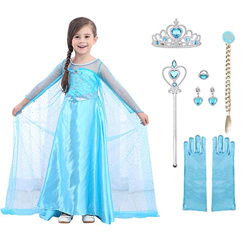 URAQT Disfraz de Princesa Elsa, Traje del Vestido Traje de Princesa de la Nieve Vestido Infantil Disfraz de Princesa de Niñas para a Cumpleaños Navidad Halloween