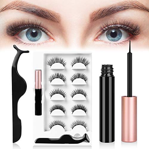 URAQT Pestañas Magnéticas con Delineador de Ojos, 5 pares de Pestañas Postizas 3D Reutilizables con Delineador de Ojos y Pinzas Magnéticas Impermeables, Aspecto Natural y Larga Duración