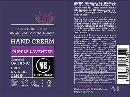 Urtekram - Crema de manos de lavanda morada orgánica, con probióticos activos, 75 ml