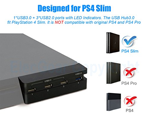 USB Hub for PS4 Slim - ElecGear Central de Expansión de 4-Puertos 3.0 Adaptadores Cargador with Indicador LED for PlayStation 4 Slim
