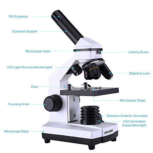 USCAMEL Microscopio paraniños ,de Vidrio Optico de Alta Calidad de 40-400x Para Estudiantes de Investigación Científica, con Muestras Biológicas Incluidas