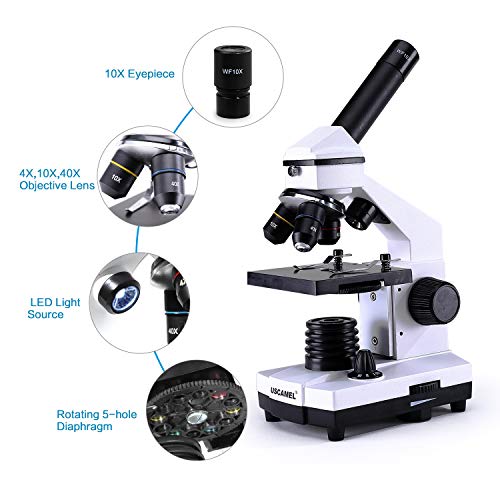 USCAMEL Microscopio paraniños ,de Vidrio Optico de Alta Calidad de 40-400x Para Estudiantes de Investigación Científica, con Muestras Biológicas Incluidas